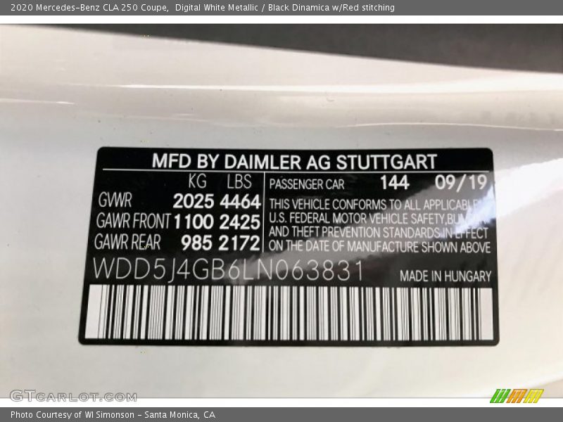 Digital White Metallic / Black Dinamica w/Red stitching 2020 Mercedes-Benz CLA 250 Coupe