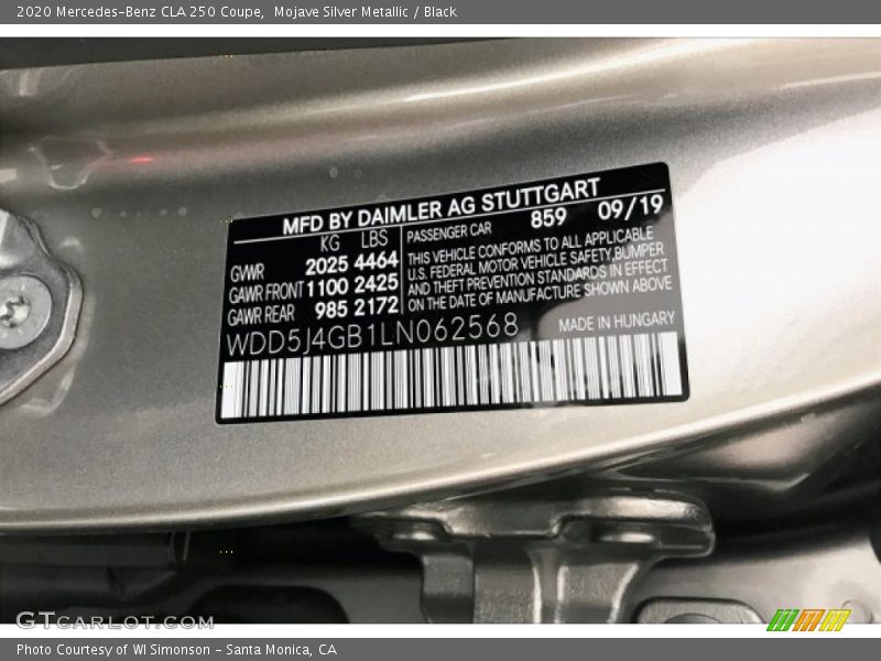 Mojave Silver Metallic / Black 2020 Mercedes-Benz CLA 250 Coupe