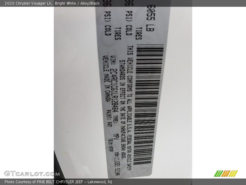 2020 Voyager LX Bright White Color Code PW7
