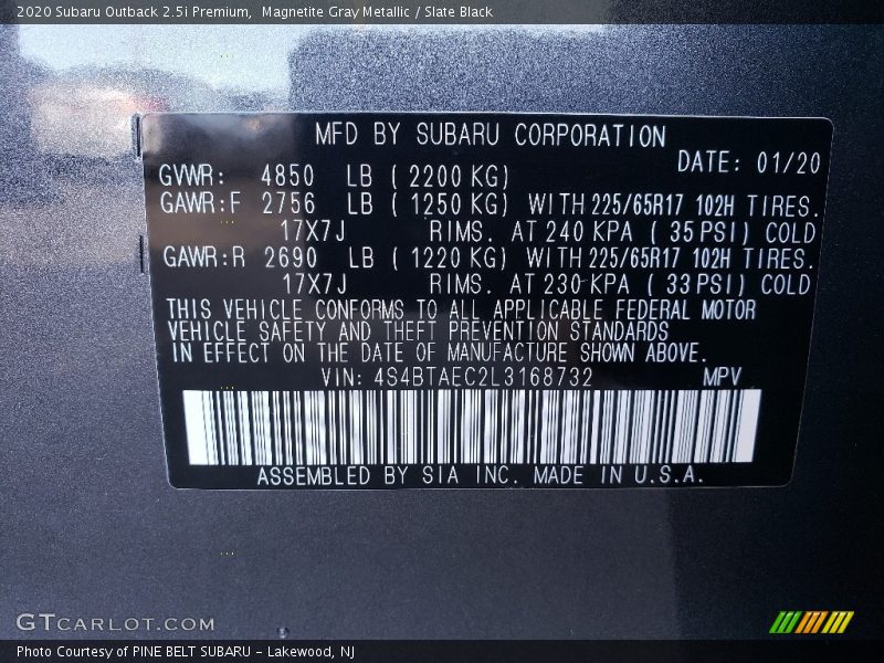 Magnetite Gray Metallic / Slate Black 2020 Subaru Outback 2.5i Premium
