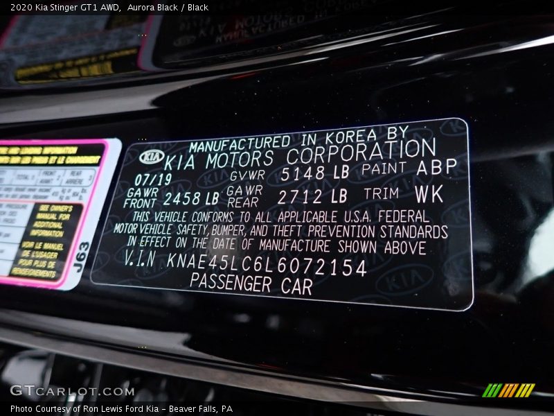 2020 Stinger GT1 AWD Aurora Black Color Code ABP