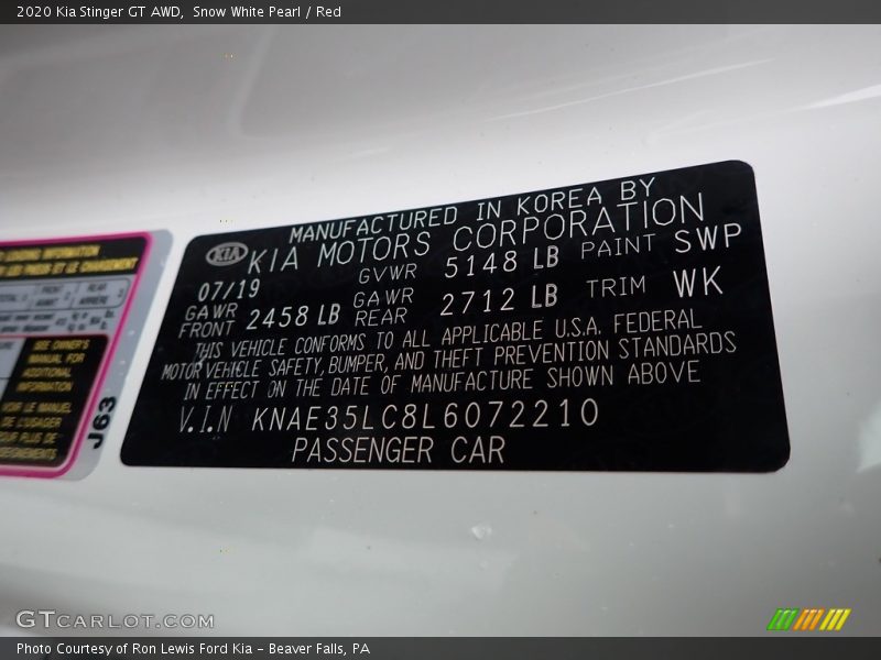 2020 Stinger GT AWD Snow White Pearl Color Code SWP