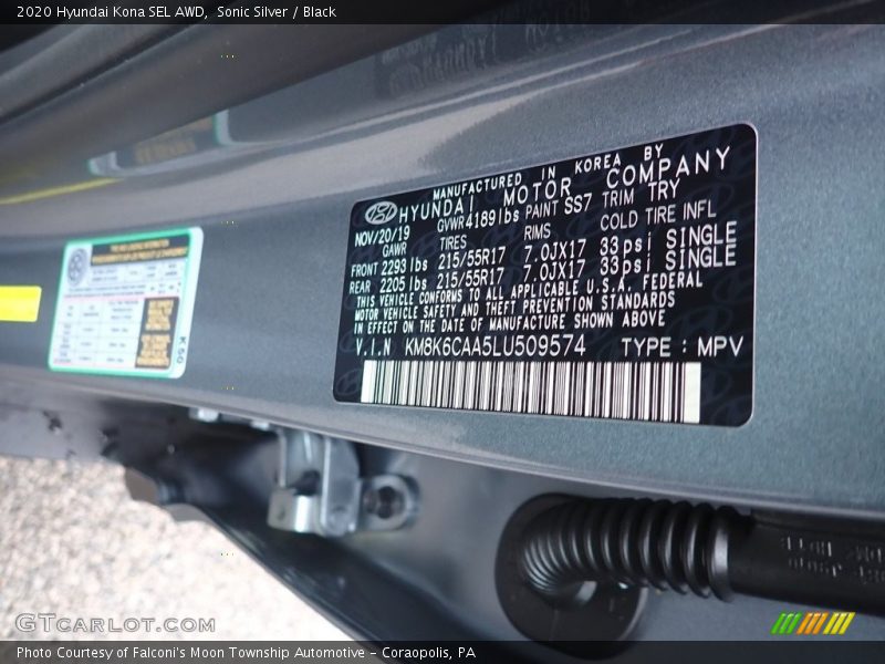 Sonic Silver / Black 2020 Hyundai Kona SEL AWD
