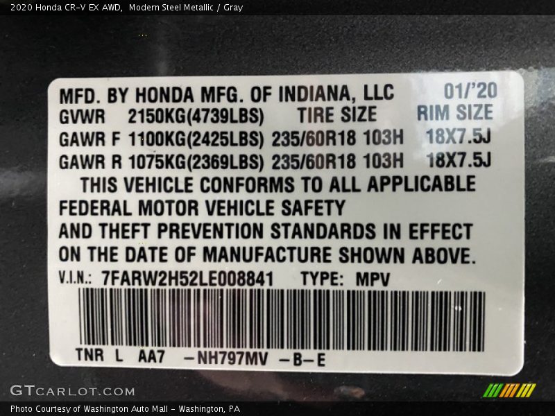 Modern Steel Metallic / Gray 2020 Honda CR-V EX AWD