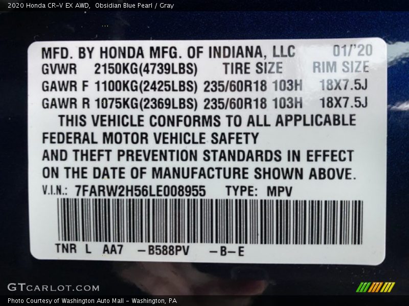 Obsidian Blue Pearl / Gray 2020 Honda CR-V EX AWD