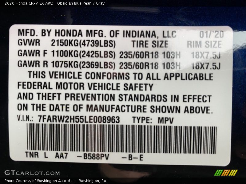 Obsidian Blue Pearl / Gray 2020 Honda CR-V EX AWD