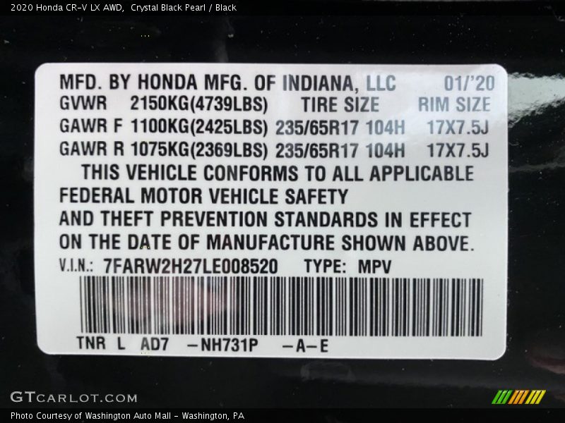 Crystal Black Pearl / Black 2020 Honda CR-V LX AWD