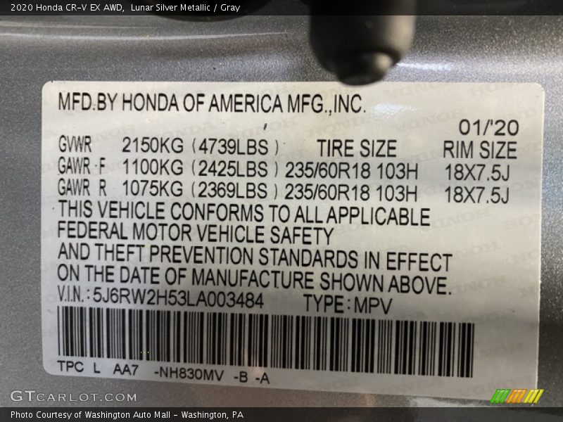 Lunar Silver Metallic / Gray 2020 Honda CR-V EX AWD