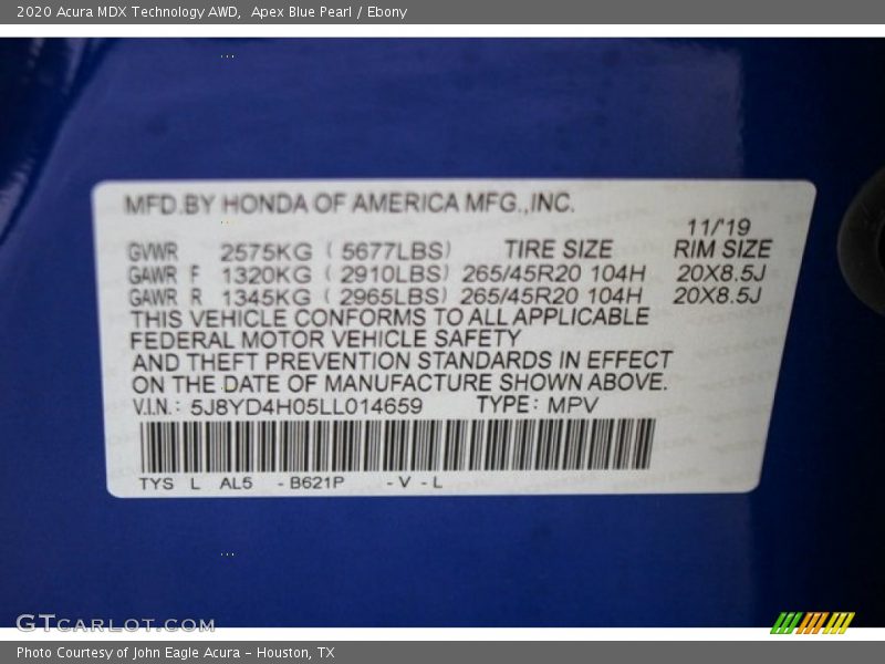Apex Blue Pearl / Ebony 2020 Acura MDX Technology AWD