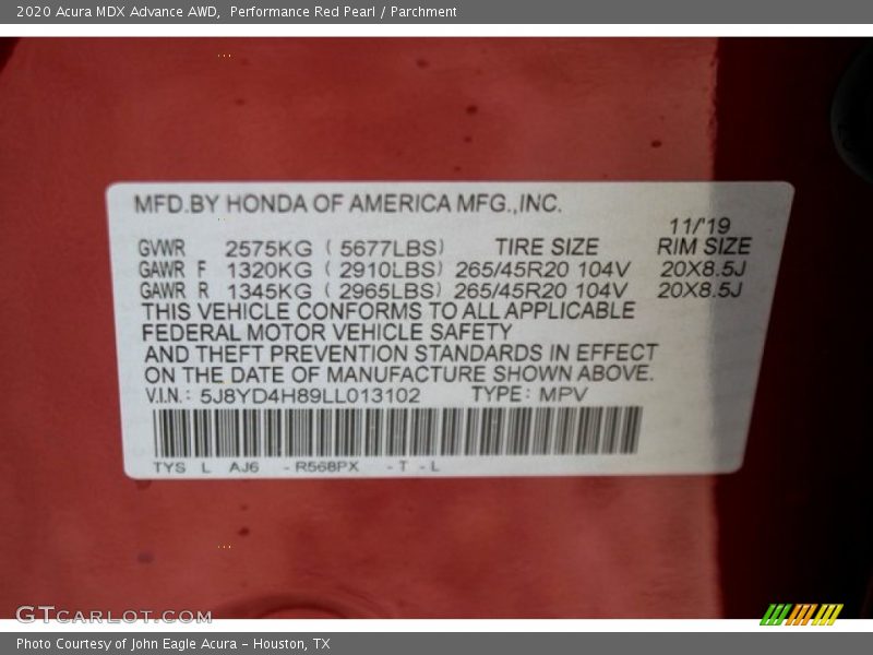 Performance Red Pearl / Parchment 2020 Acura MDX Advance AWD