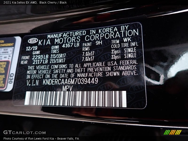 2021 Seltos EX AWD Black Cherry Color Code 9H