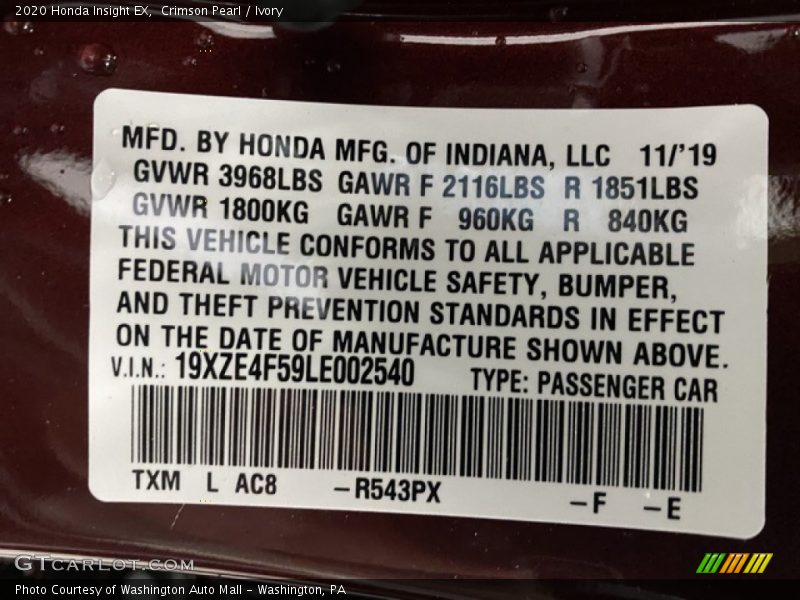 Crimson Pearl / Ivory 2020 Honda Insight EX