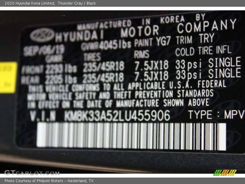 Thunder Gray / Black 2020 Hyundai Kona Limited