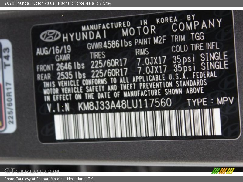Magnetic Force Metallic / Gray 2020 Hyundai Tucson Value