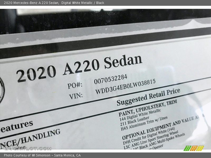 Digital White Metallic / Black 2020 Mercedes-Benz A 220 Sedan