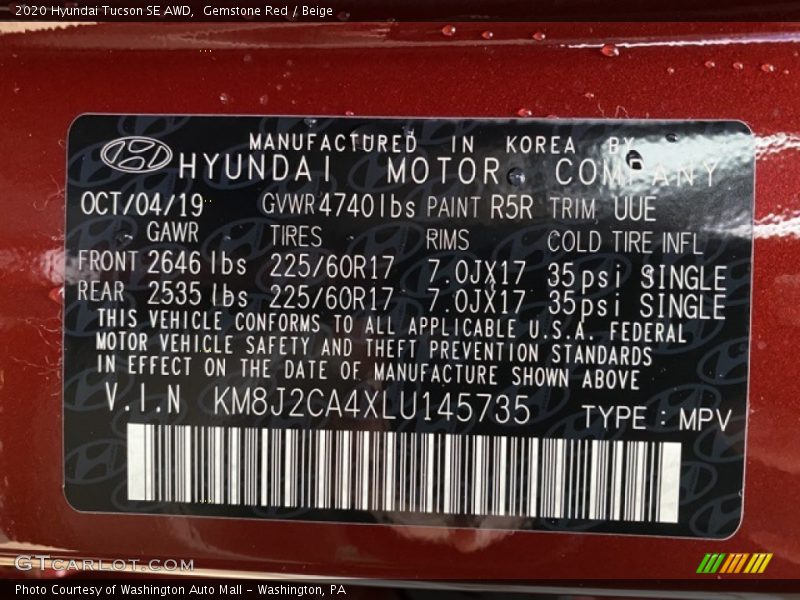 Gemstone Red / Beige 2020 Hyundai Tucson SE AWD