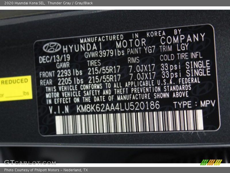 Thunder Gray / Gray/Black 2020 Hyundai Kona SEL