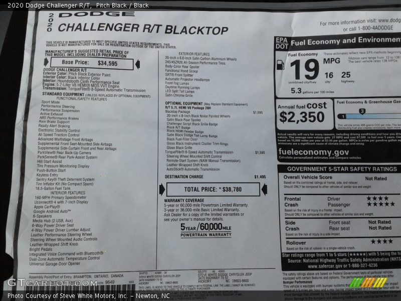  2020 Challenger R/T Window Sticker