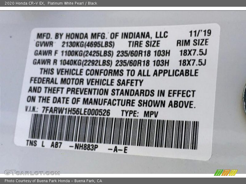 Platinum White Pearl / Black 2020 Honda CR-V EX