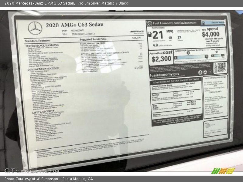  2020 C AMG 63 Sedan Window Sticker