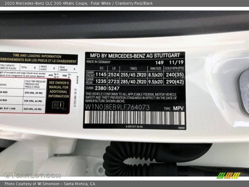 2020 GLC 300 4Matic Coupe Polar White Color Code 149