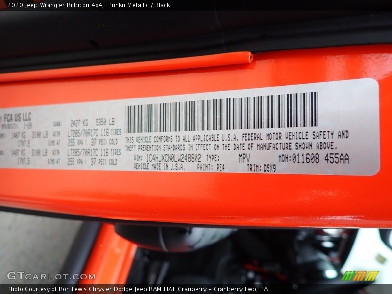 2020 Wrangler Rubicon 4x4 Punkn Metallic Color Code PE4