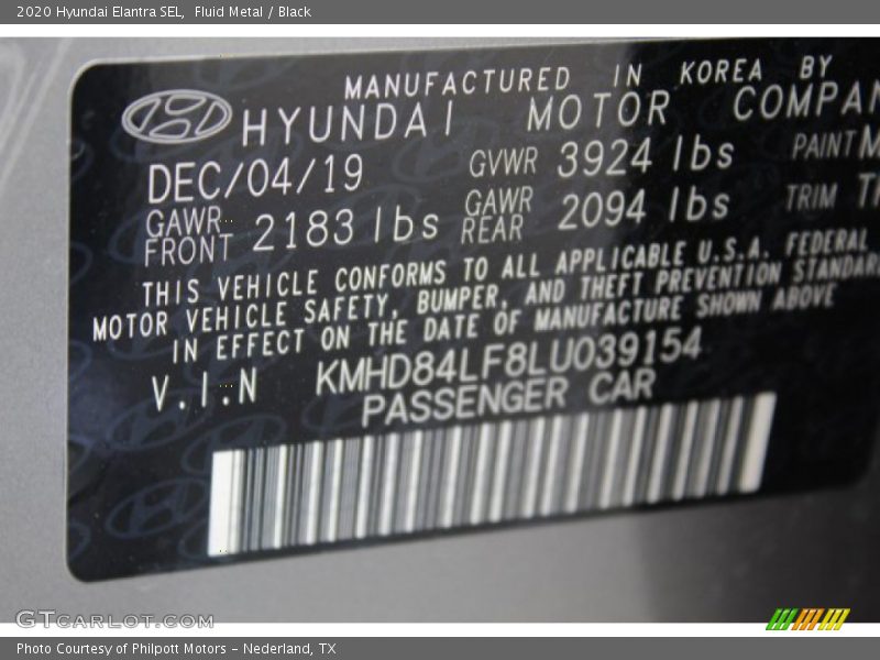 Fluid Metal / Black 2020 Hyundai Elantra SEL