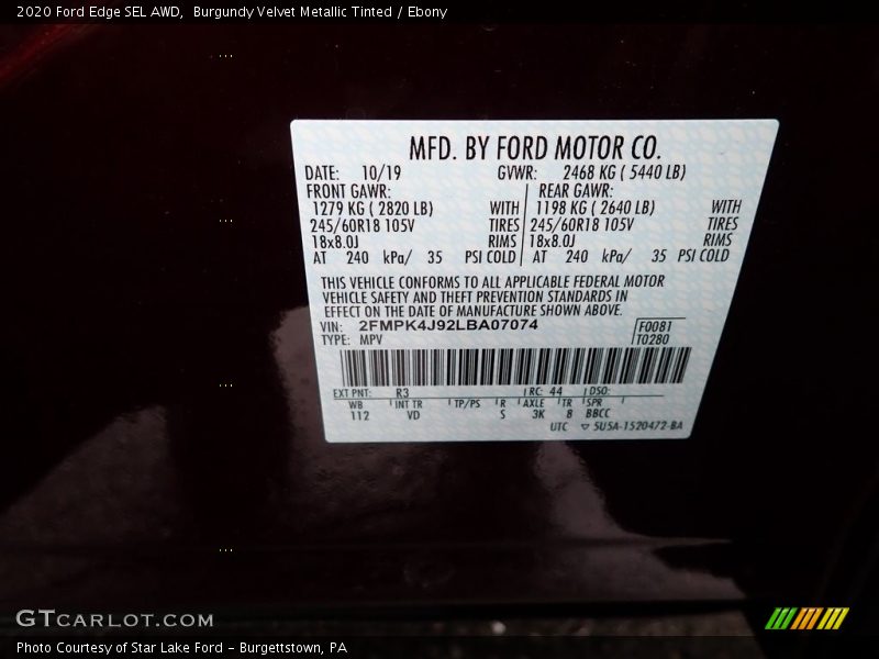 Burgundy Velvet Metallic Tinted / Ebony 2020 Ford Edge SEL AWD
