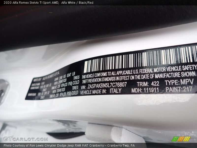 2020 Stelvio TI Sport AWD Alfa White Color Code 422