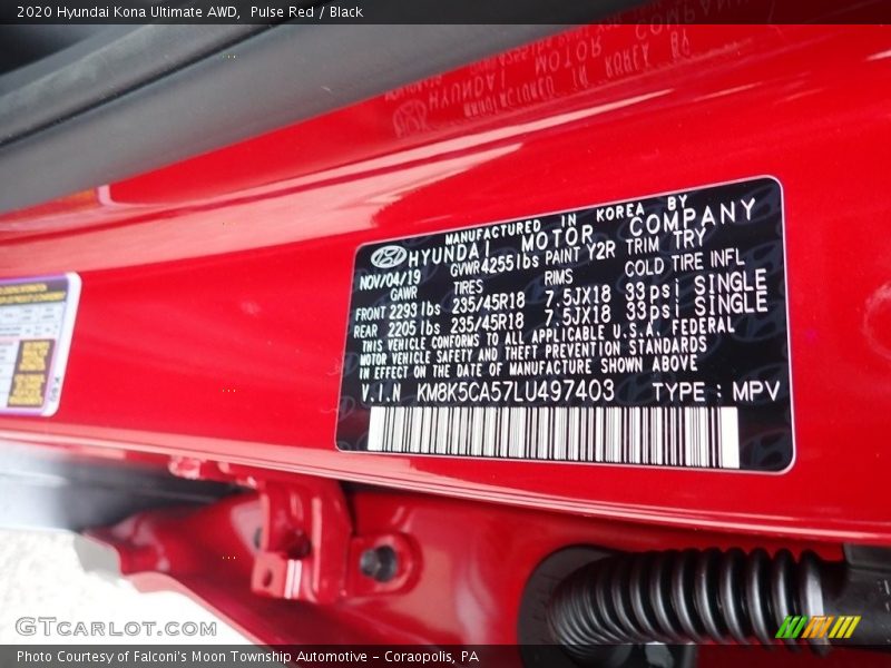 2020 Kona Ultimate AWD Pulse Red Color Code Y2R