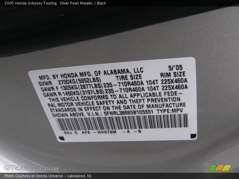 Silver Pearl Metallic / Black 2005 Honda Odyssey Touring
