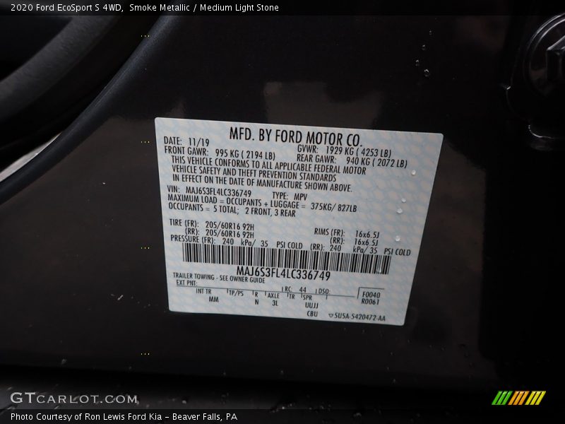 Smoke Metallic / Medium Light Stone 2020 Ford EcoSport S 4WD