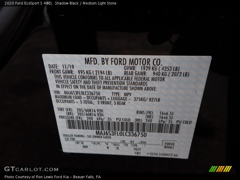 Shadow Black / Medium Light Stone 2020 Ford EcoSport S 4WD