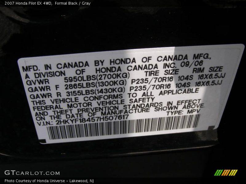 Formal Black / Gray 2007 Honda Pilot EX 4WD