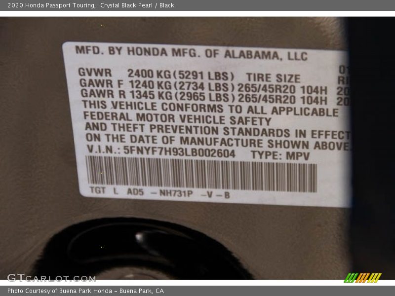 Crystal Black Pearl / Black 2020 Honda Passport Touring
