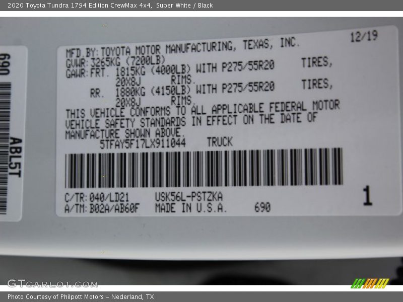 2020 Tundra 1794 Edition CrewMax 4x4 Super White Color Code 040