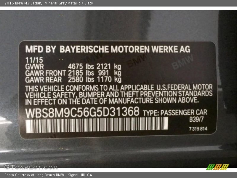 Mineral Grey Metallic / Black 2016 BMW M3 Sedan