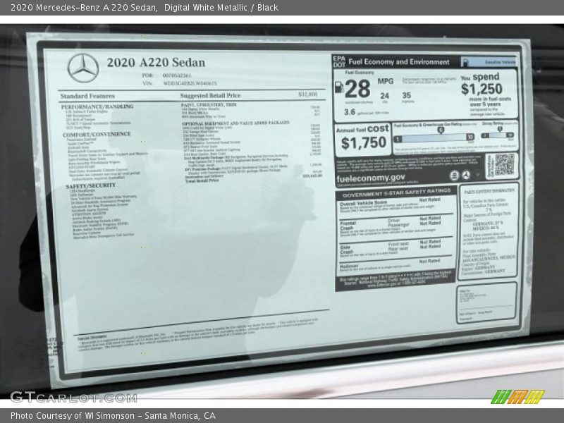 Digital White Metallic / Black 2020 Mercedes-Benz A 220 Sedan