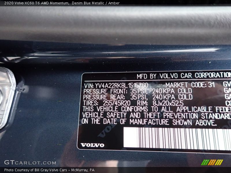 Denim Blue Metallic / Amber 2020 Volvo XC60 T6 AWD Momentum