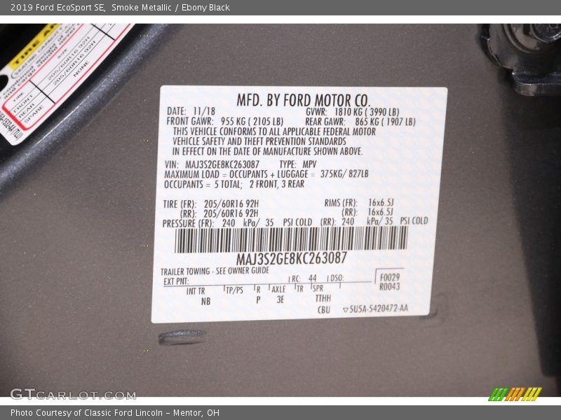 Smoke Metallic / Ebony Black 2019 Ford EcoSport SE