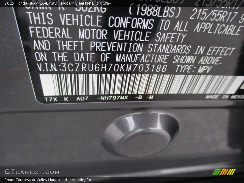 Modern Steel Metallic / Gray 2019 Honda HR-V EX-L AWD