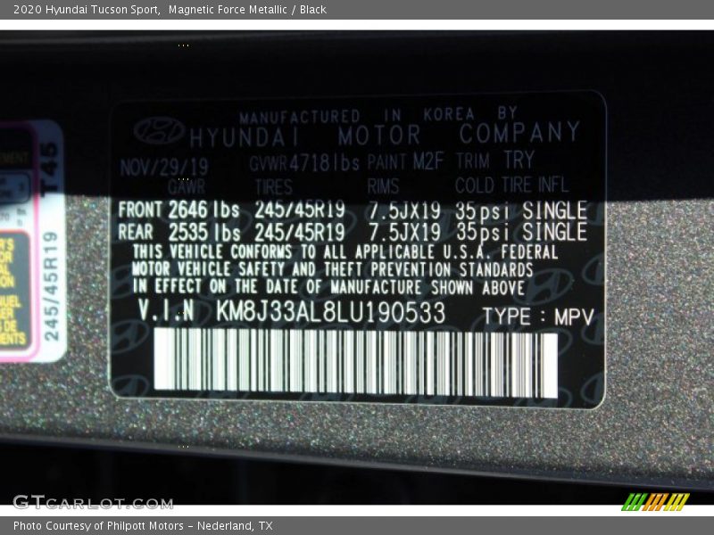 Magnetic Force Metallic / Black 2020 Hyundai Tucson Sport