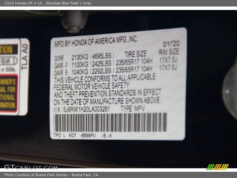 Obsidian Blue Pearl / Gray 2020 Honda CR-V LX