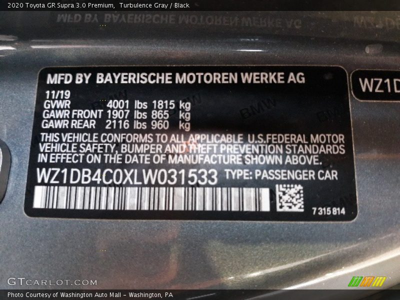 Turbulence Gray / Black 2020 Toyota GR Supra 3.0 Premium