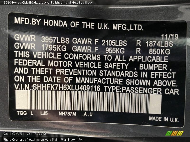 Polished Metal Metallic / Black 2020 Honda Civic EX Hatchback