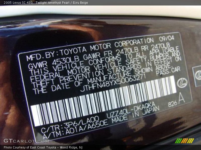 Twilight Amethyst Pearl / Ecru Beige 2005 Lexus SC 430