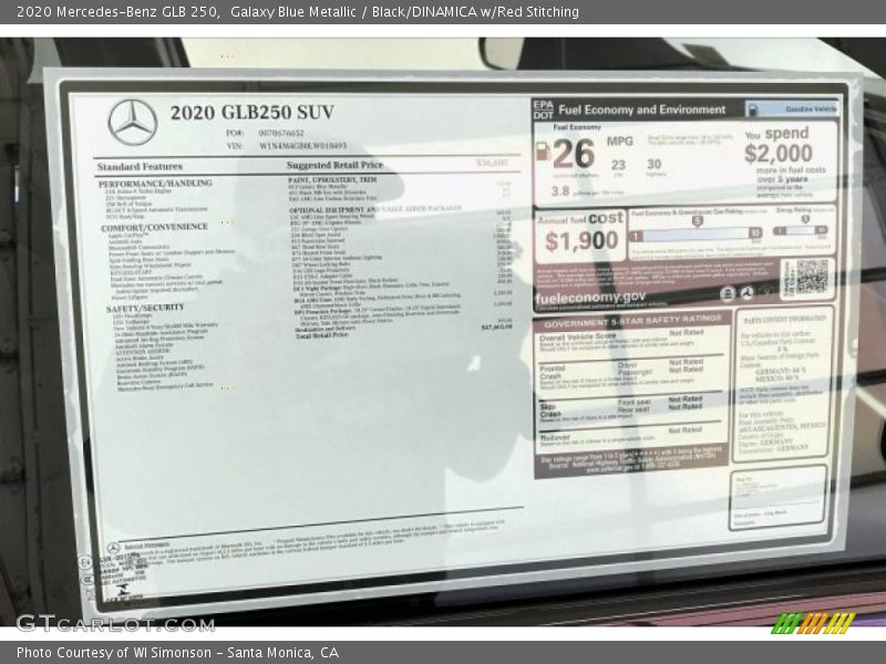  2020 GLB 250 Window Sticker