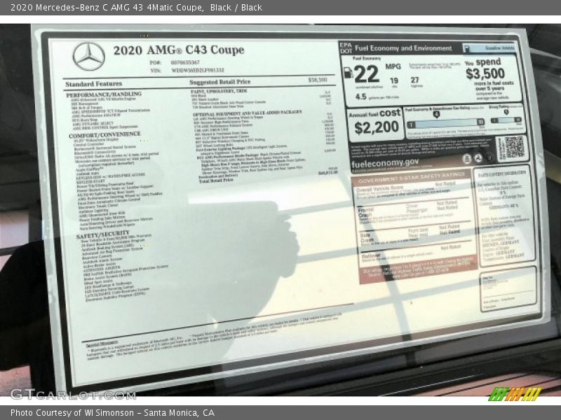  2020 C AMG 43 4Matic Coupe Window Sticker