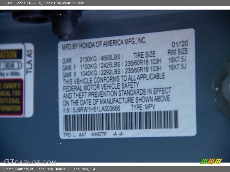 Sonic Gray Pearl / Black 2020 Honda CR-V EX