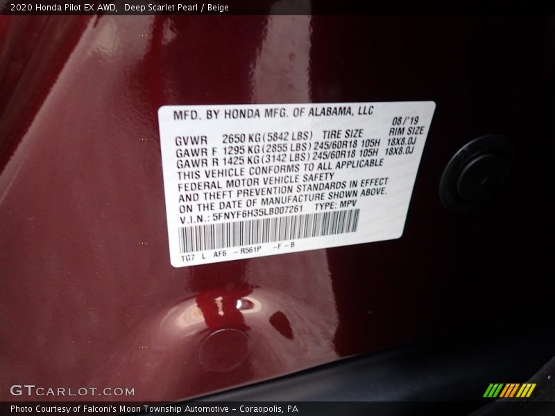 Deep Scarlet Pearl / Beige 2020 Honda Pilot EX AWD